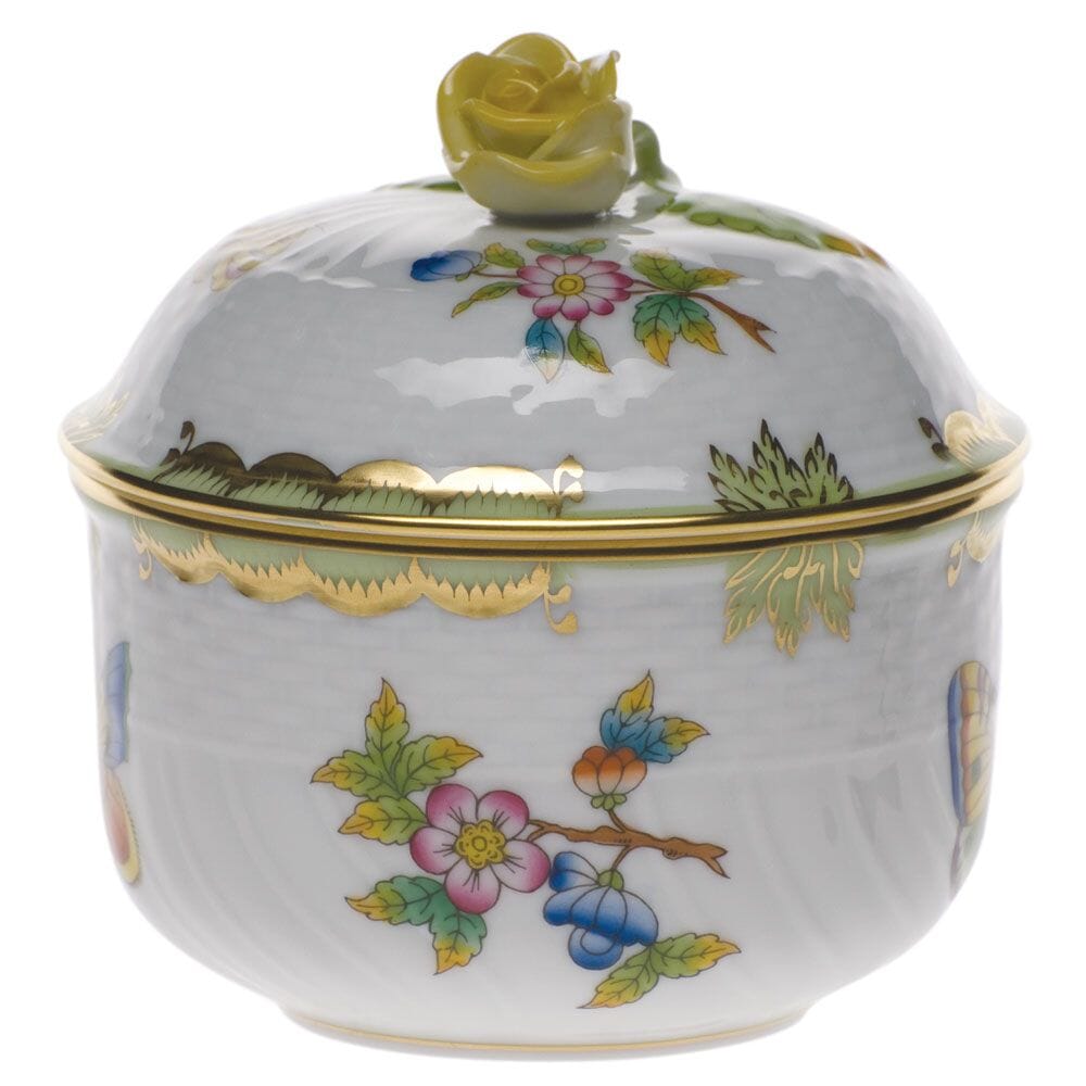 6 oz. Herend Hand - painted Queen Victoria Pattern Covered Sugar with Rose