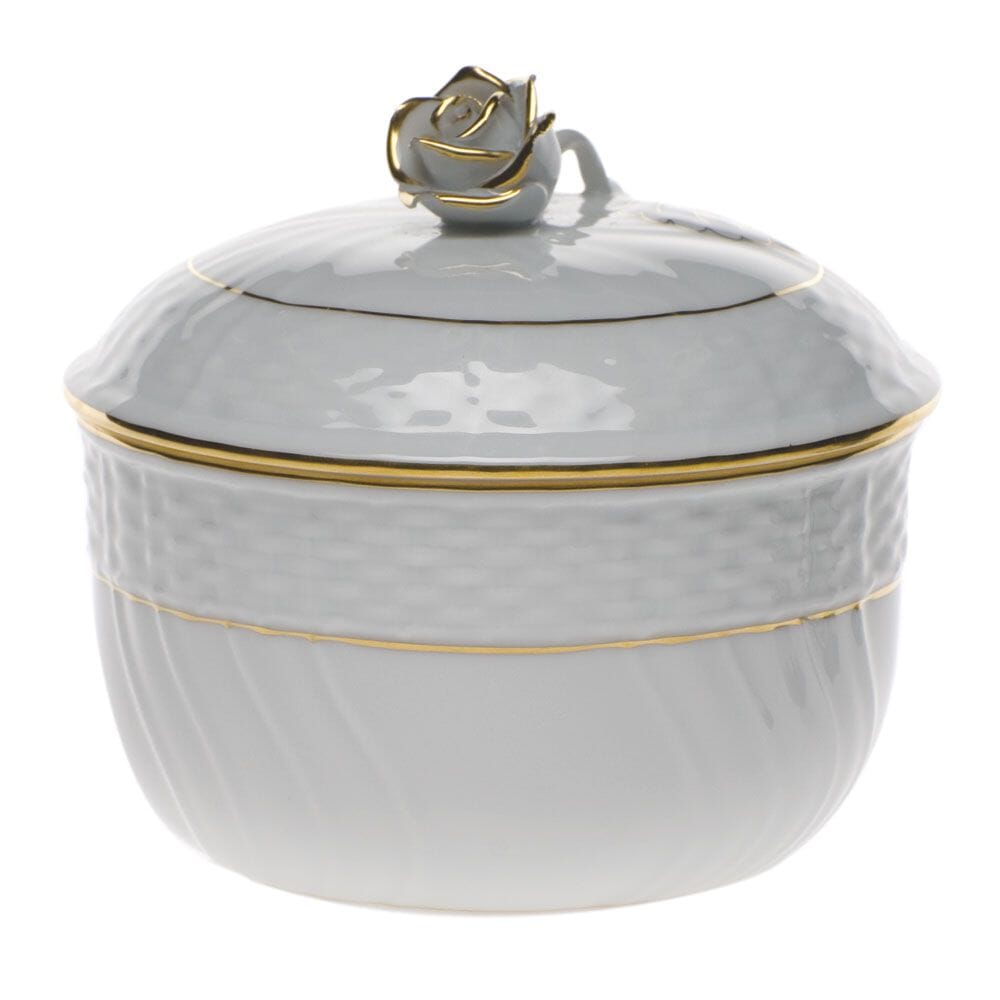 10 oz. Herend Golden Edge Decorated Covered Sugar Container With Rose Design