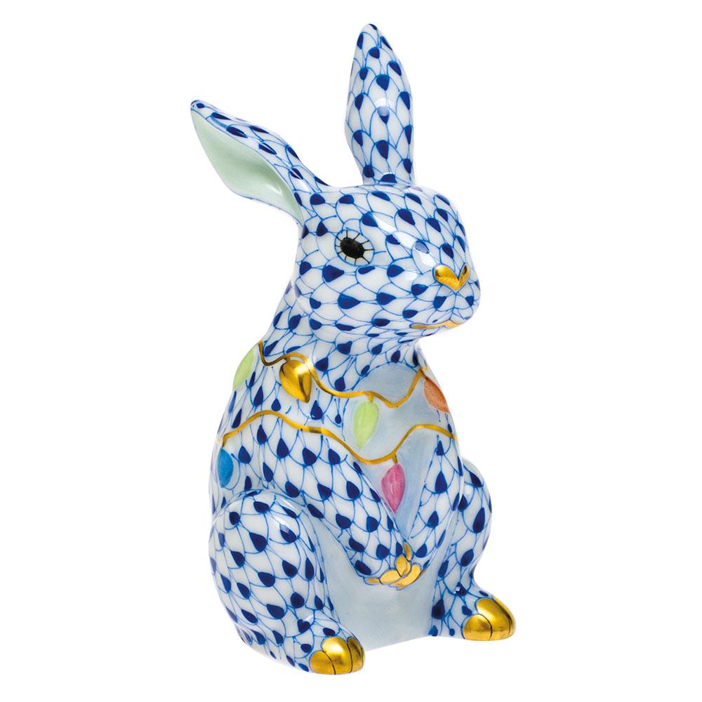 Exquisite Herend Handmade Porcelain Bunny Figurine Adorned with Christmas Lights