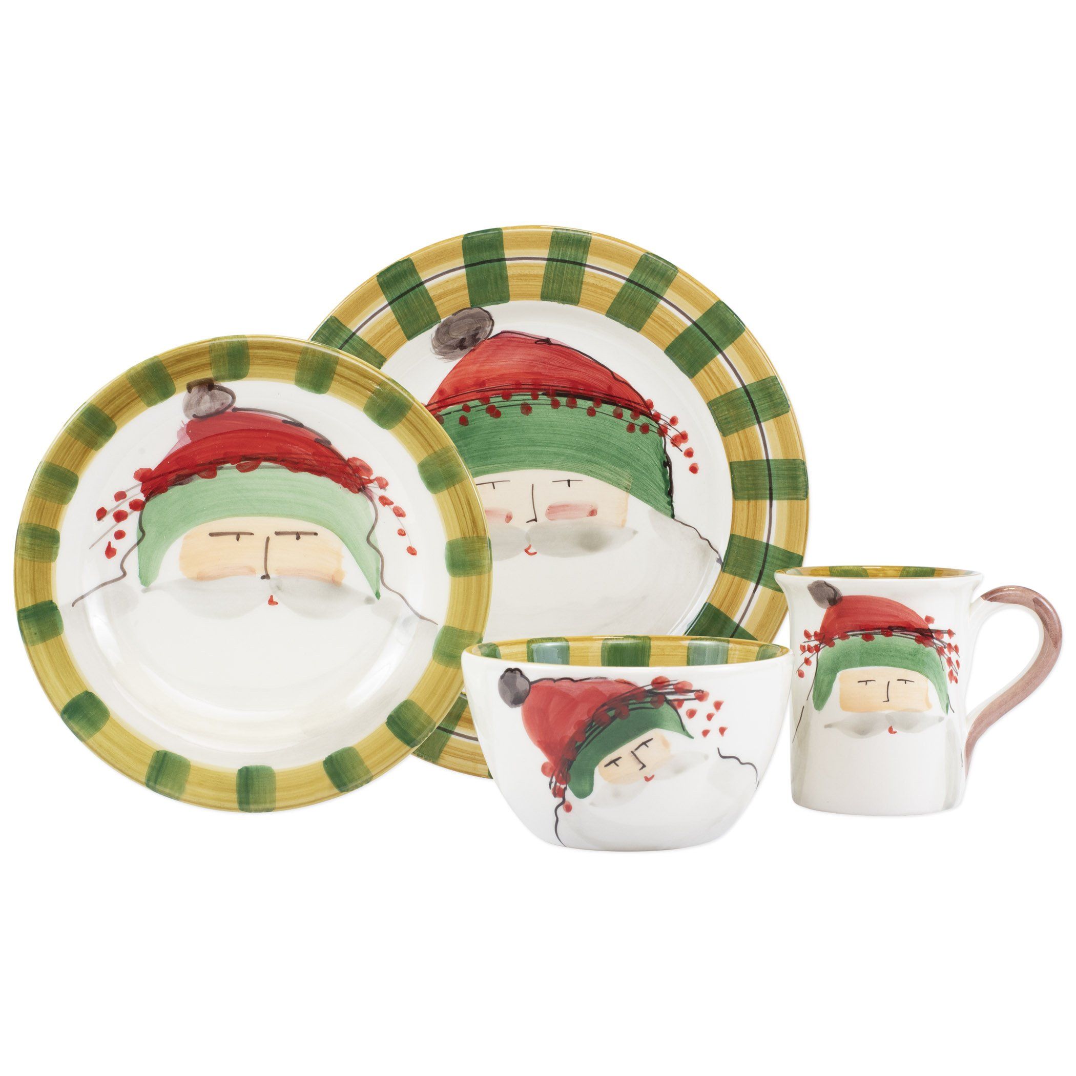 Vietri Four-Piece Place Setting with Old St. Nick Green Hat Design for Festive Dining