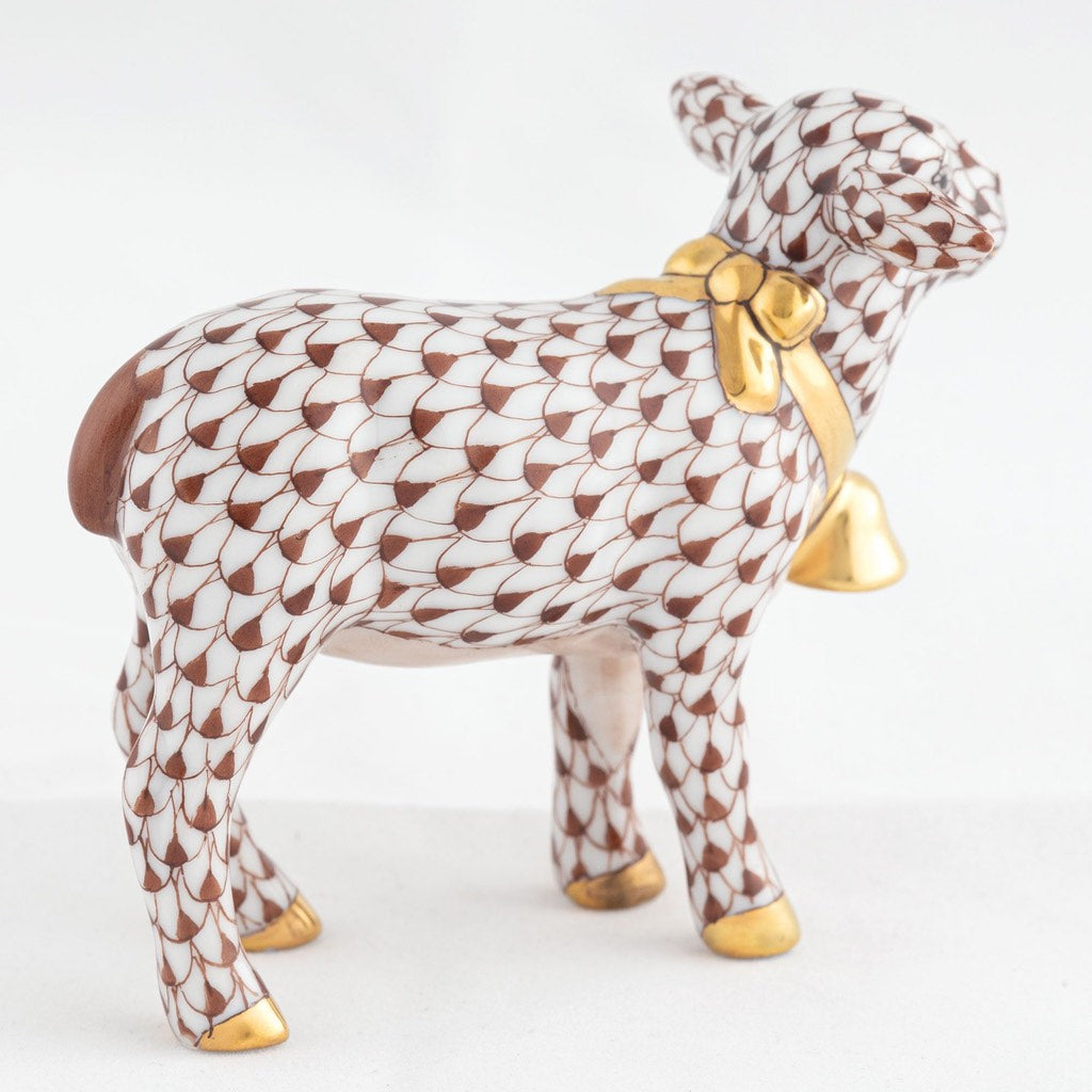 Exquisite Hand - painted Herend Porcelain Lamb Figurine with 24Kt Gold Bell