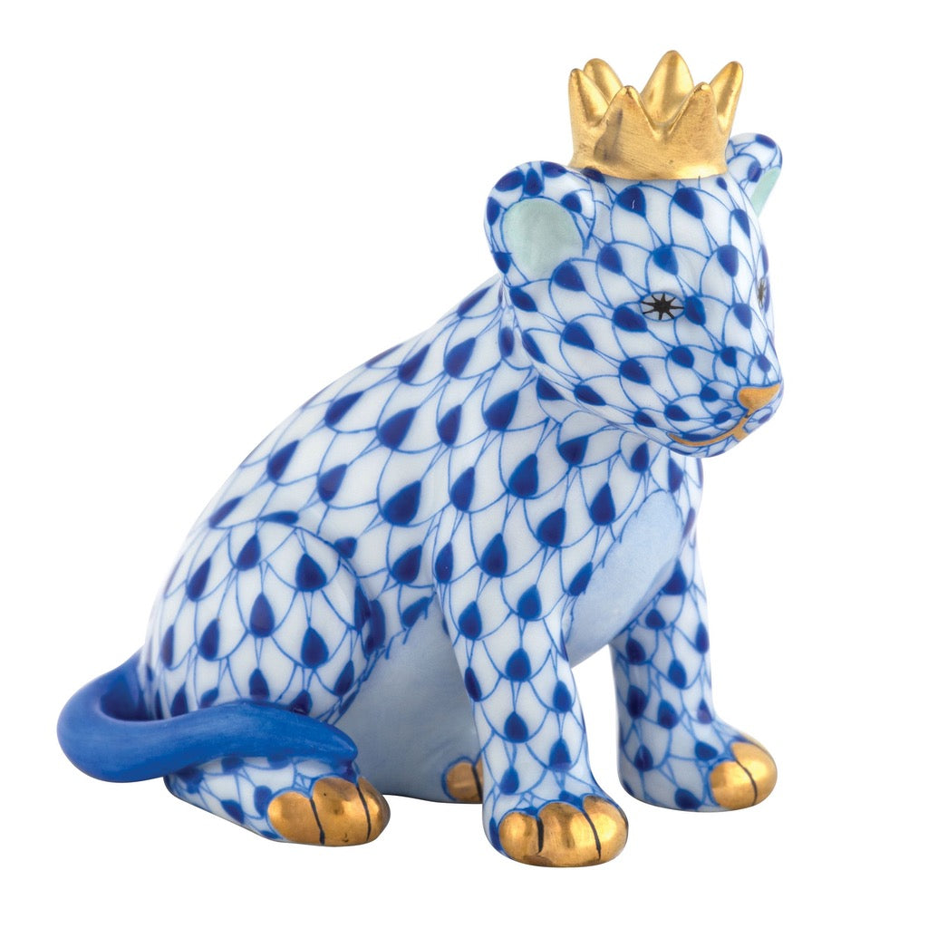 Exquisite Herend Hand - made Porcelain Lion Cub Figurine Wearing a Crown