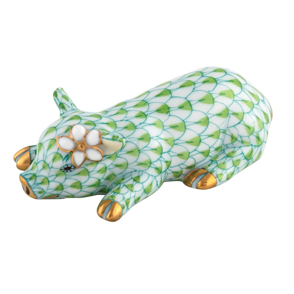 Exquisite Handmade Herend Porcelain Figurine of Daisy the Pig with a Daisy on Her Ear