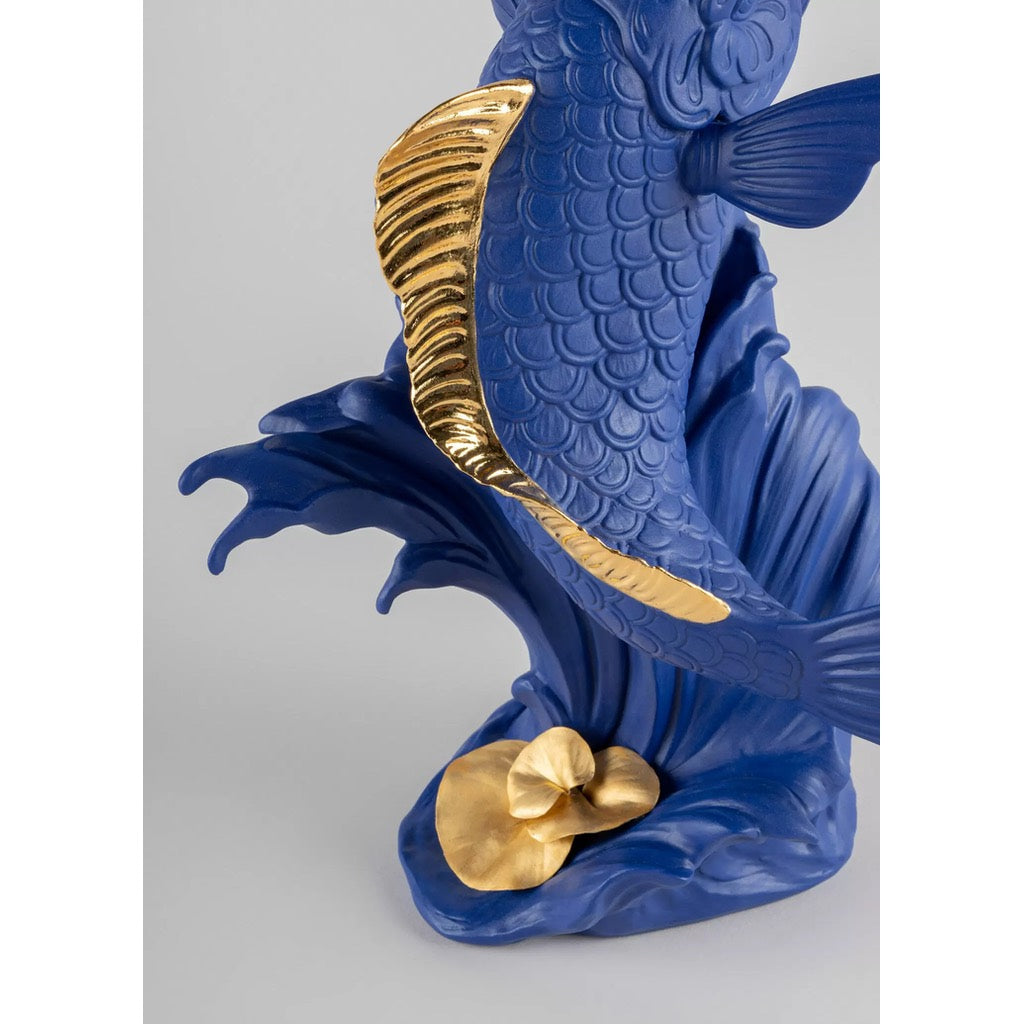 Limited Edition Lladro Blue-Gold Porcelain Koi Fish Figurine with Exclusive Artisan Craftsmanship