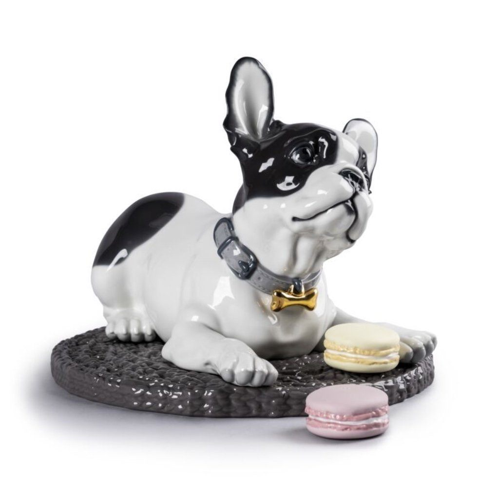 Lladro Handmade Porcelain Collectible Figurine of French Bulldog Alongside Macarons