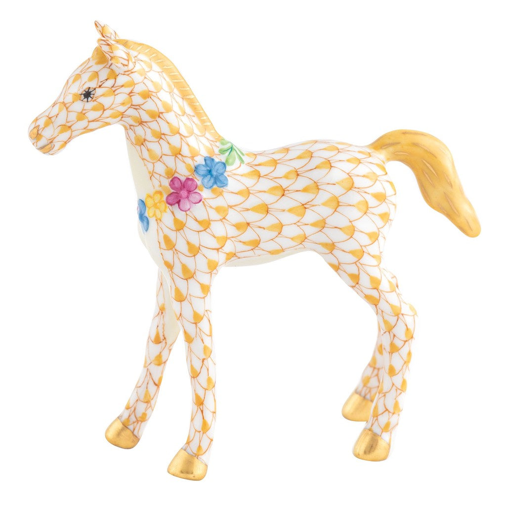 Herend Handmade Porcelain Figurine of a Playful Foal Adorned with Flowers