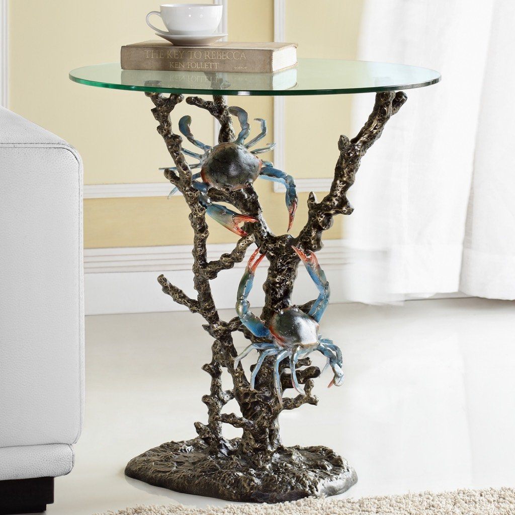 SPI Home Coastal Decorative End Table with Verdigris Crabs and Bronze Coral