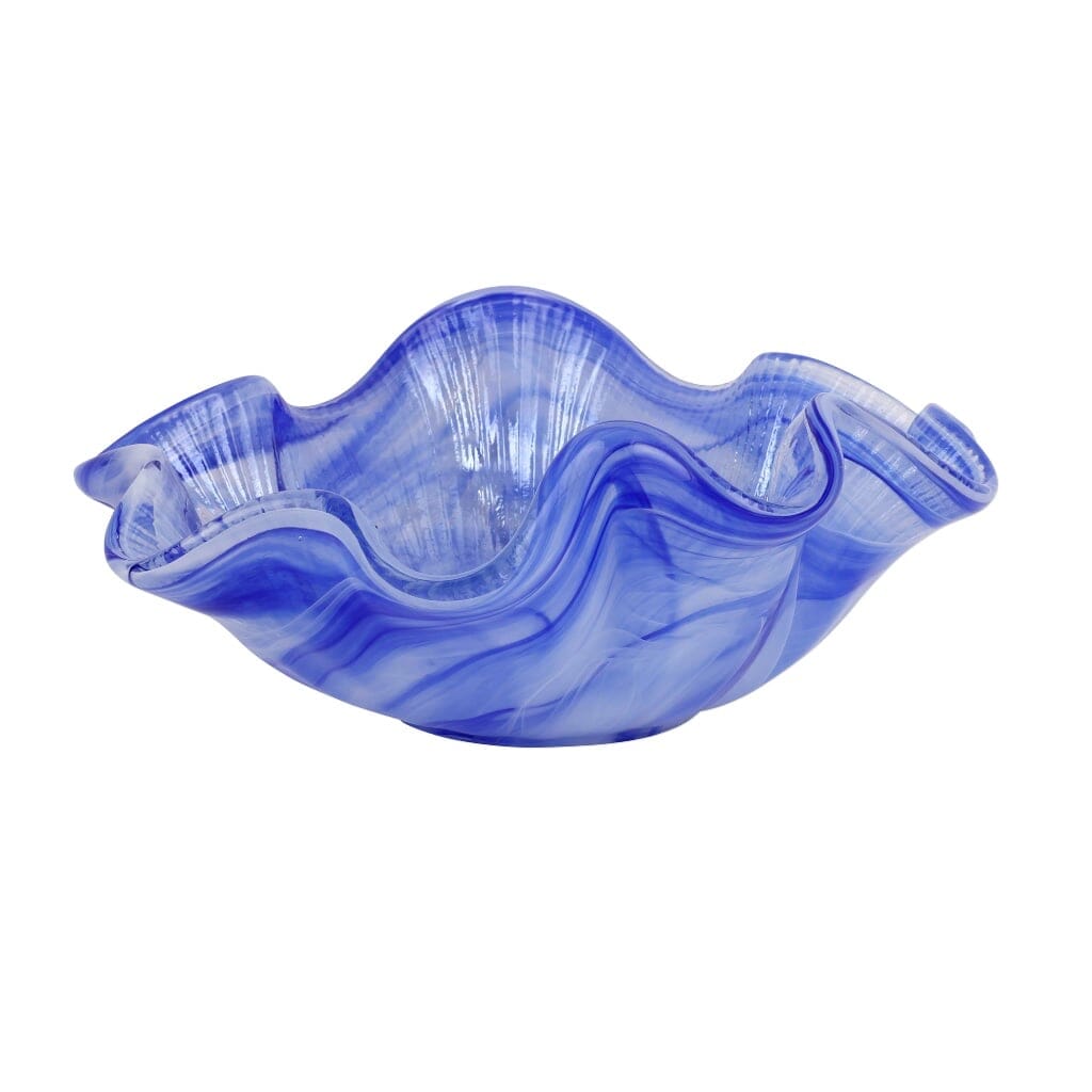 Exquisite Italian Mouth-Blown Cobalt Blue Ruffled Round Vietri Onda Glass Bowl