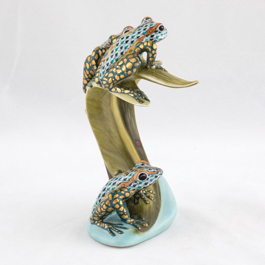 Limited Edition Herend Hand - Painted Porcelain Figurine Featuring Three Tree Frogs on Palm Fronds