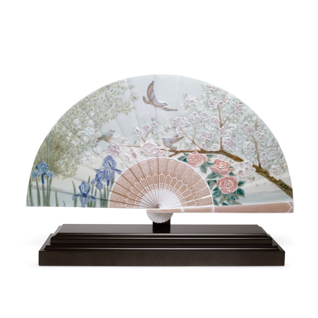 Limited Edition 2000 Lladro Handmade Porcelain Fan Featuring Iris And Cherry Flowers
