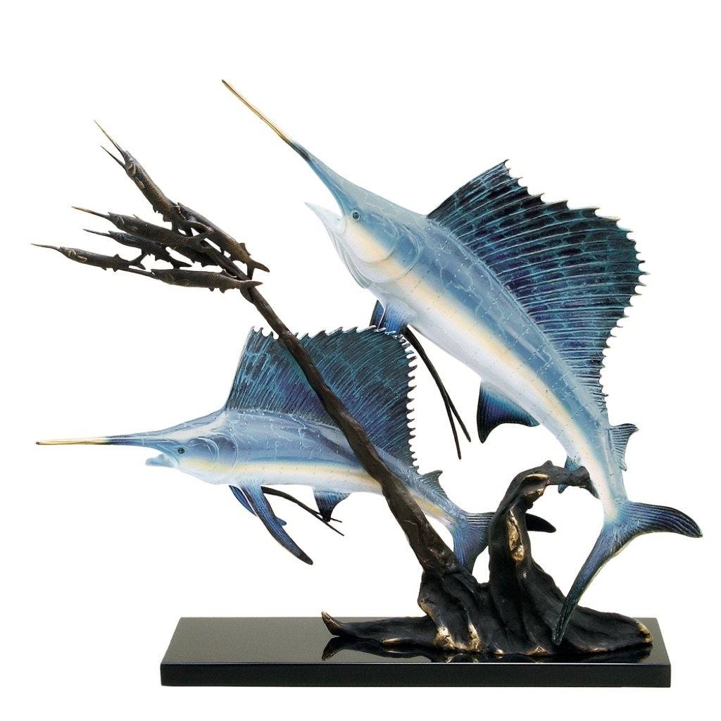 Stunning SPI Gallery Brass Sailfish Chasing Ballyhoo Sculpture for Fishermen