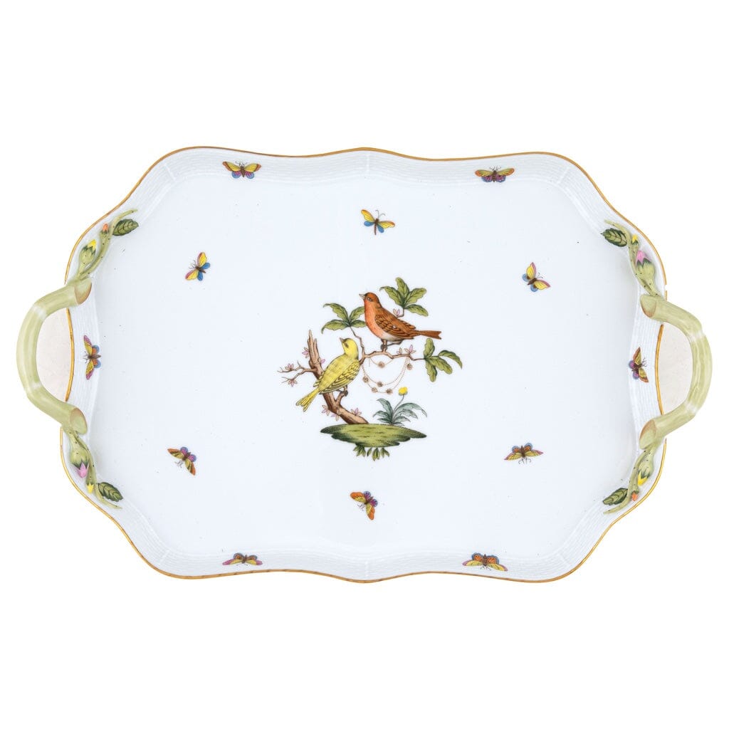 Herend Handmade Porcelain Rothschild Bird Rectangular Tray with 24K Gold Accents and Branch Handles