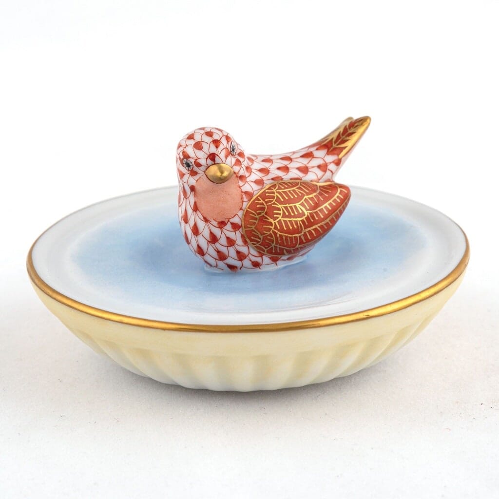 Handmade Herend Porcelain Figurine of a Bird Enjoying a Bath
