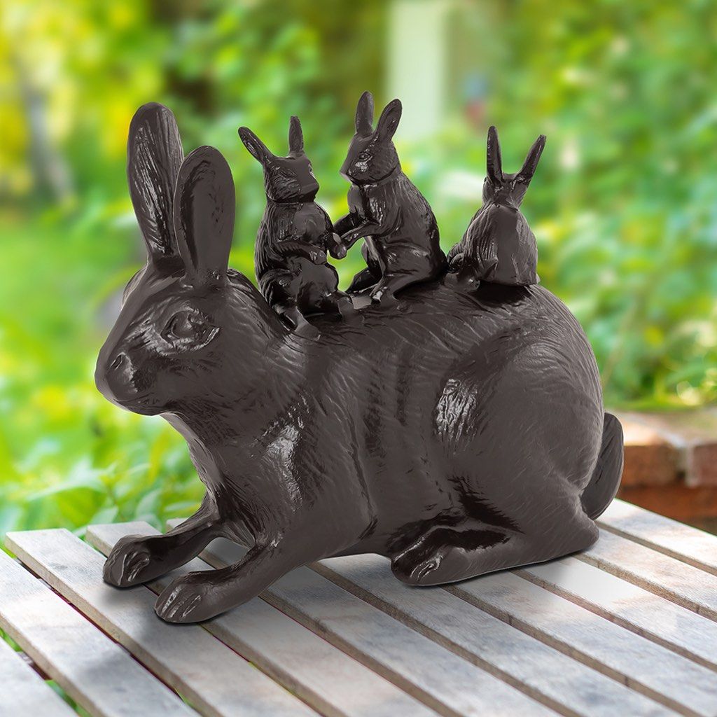 Stunning SPI Garden Decor - Bonanza of Bronze - Colored Bunny Sculpture with Three Baby Bunnies on Mama Rabbit