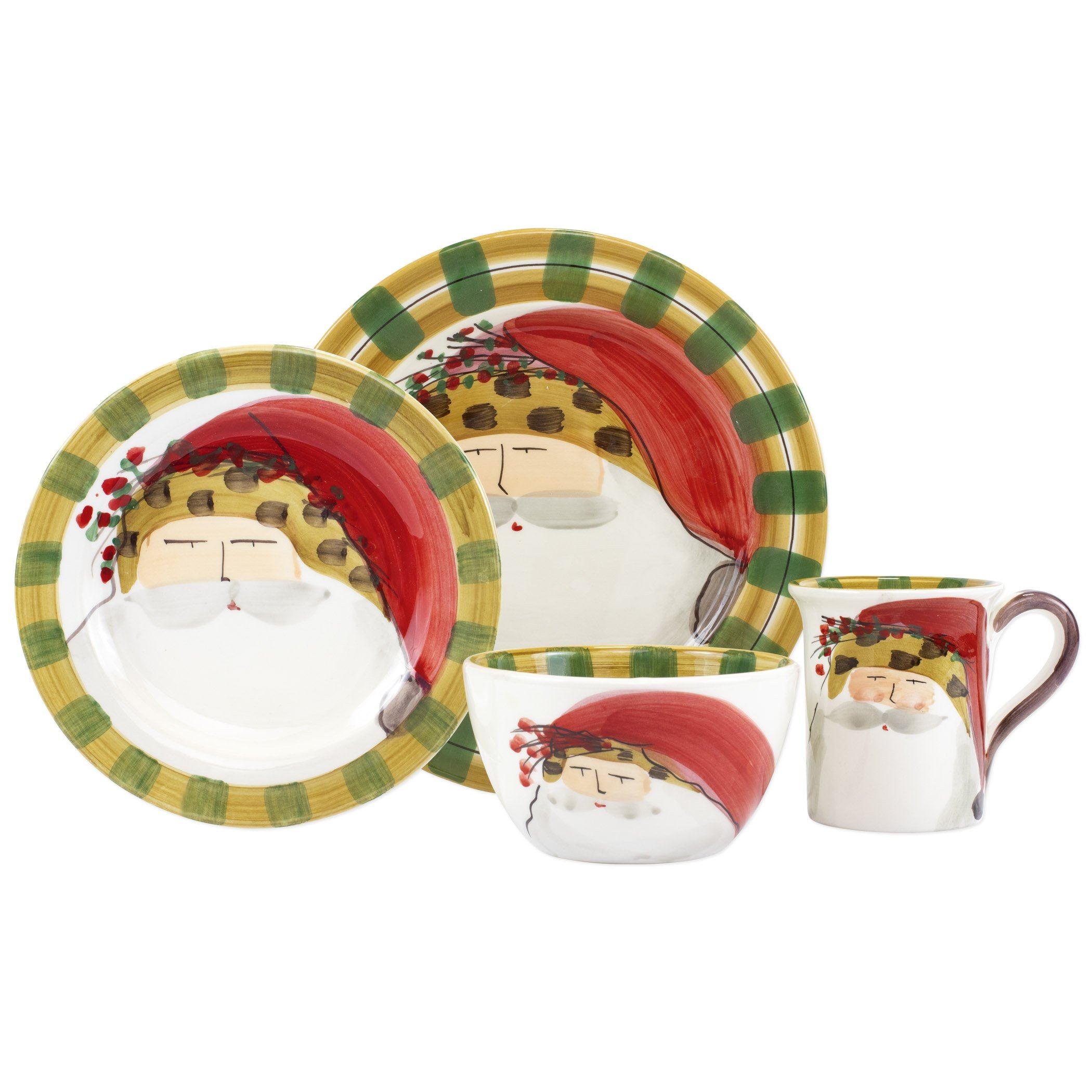 Vietri Four-Piece Place Setting with Old St. Nick Animal Print Hat Design for Holiday Dining