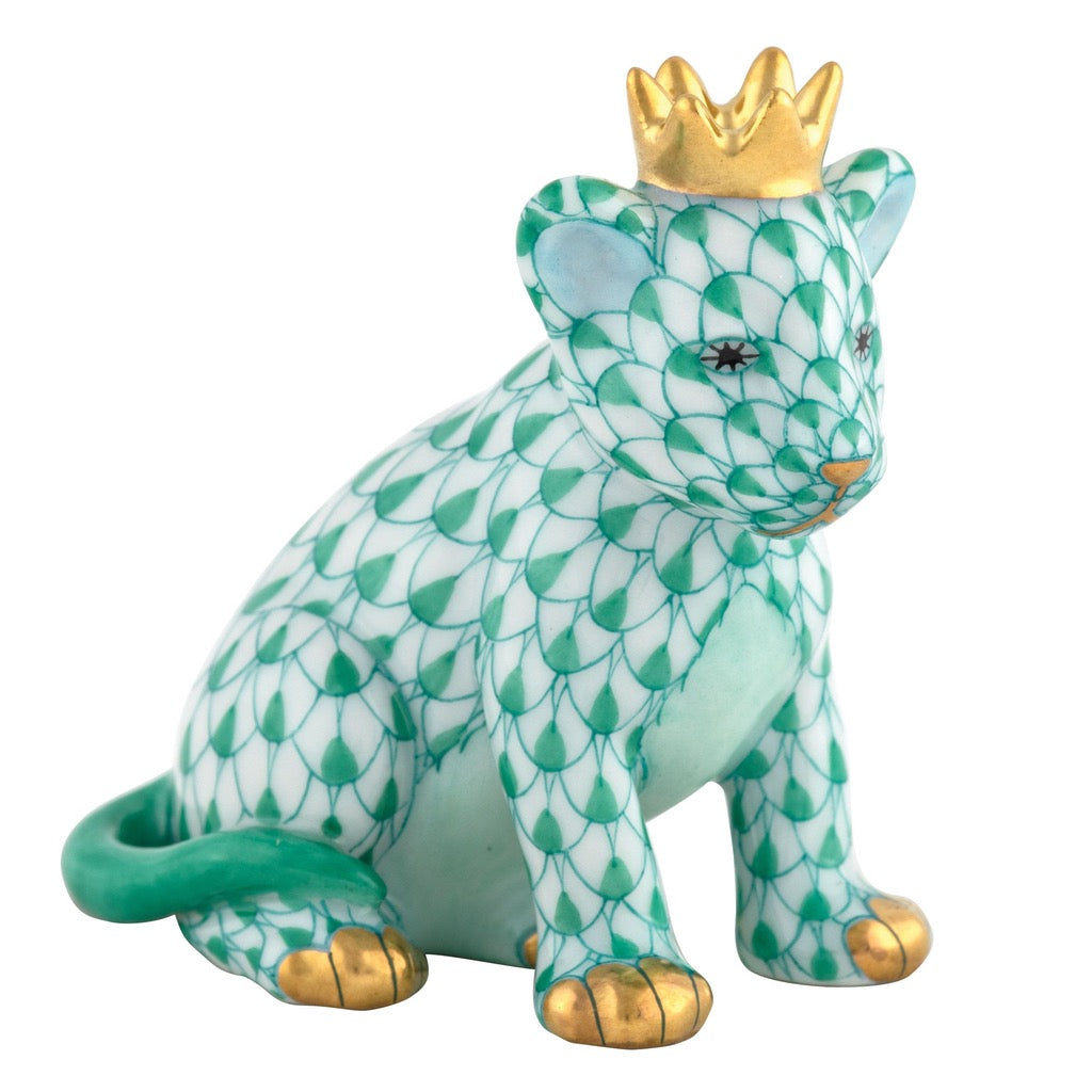 Exquisite Herend Hand - made Porcelain Lion Cub Figurine Wearing a Crown