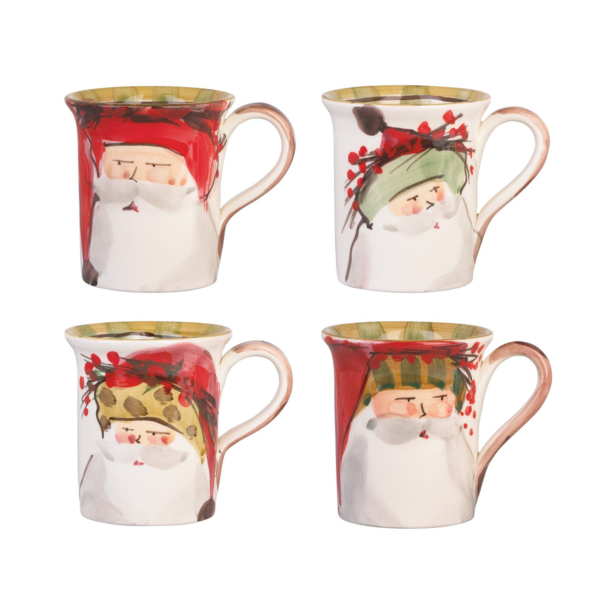 Vietri Assorted Set of 4 Old St. Nick Themed Ceramic Mugs for Holiday Use