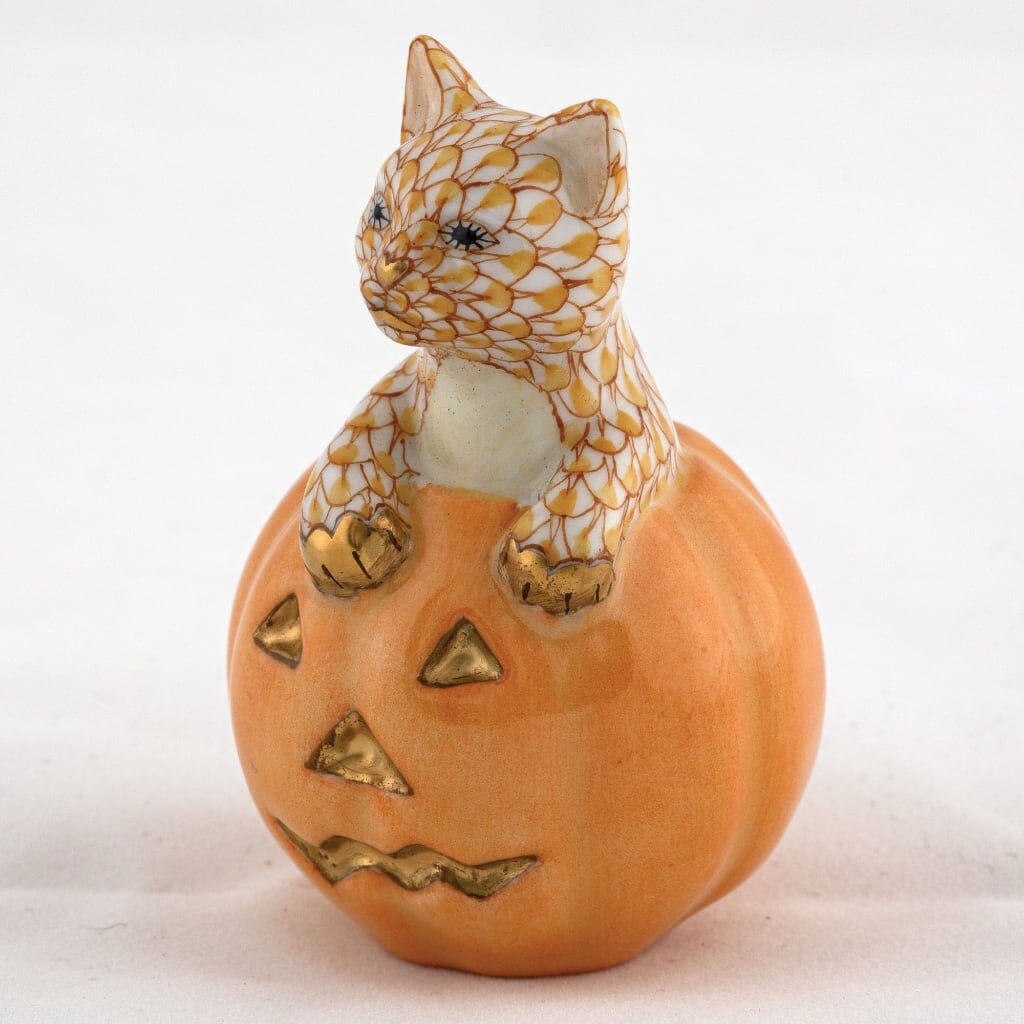 Handmade Herend Jack O Lantern Style Kitty Porcelain Figurine for Decor
