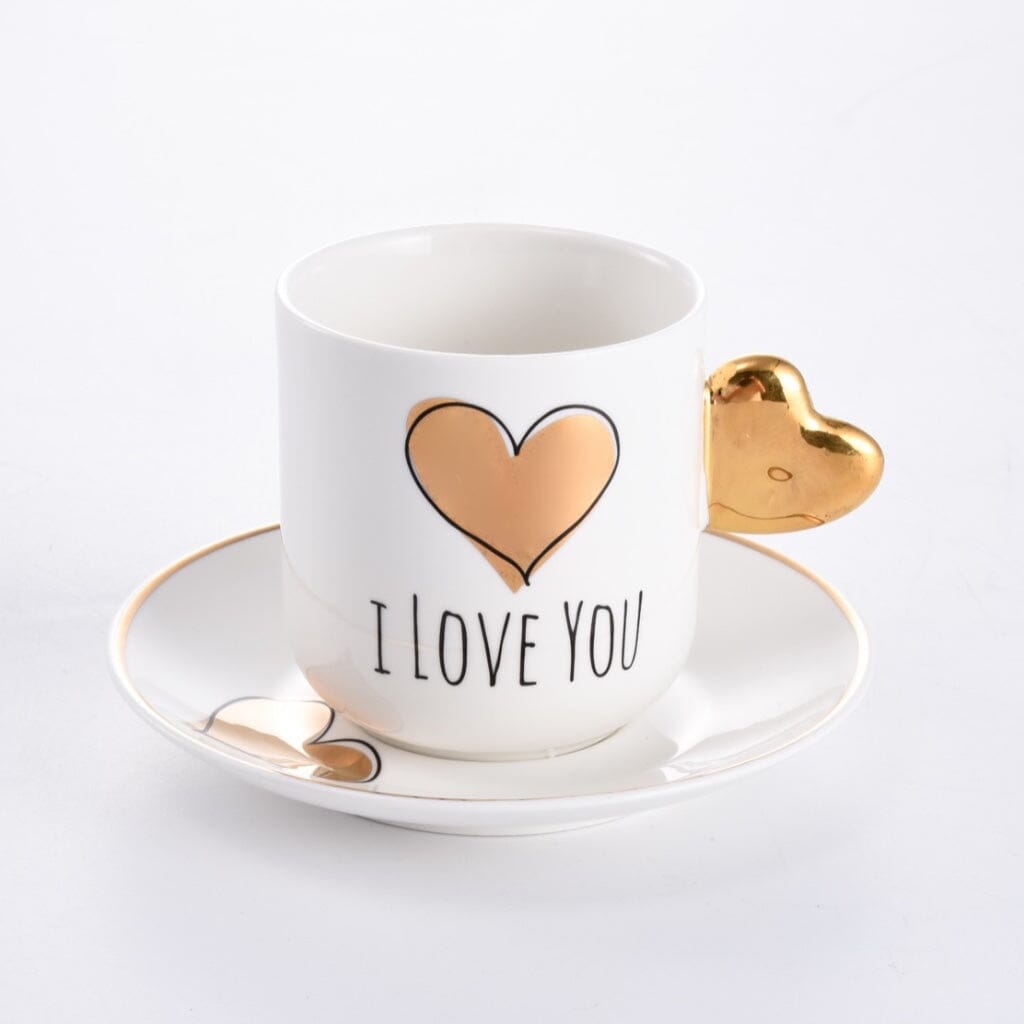 Pampa Bay High - fired White Porcelain Heart - shaped Coffee Cup & Saucer Set with Gold Titanium Finish