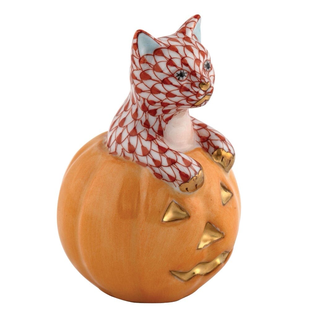 Handmade Herend Jack O Lantern Style Kitty Porcelain Figurine for Decor