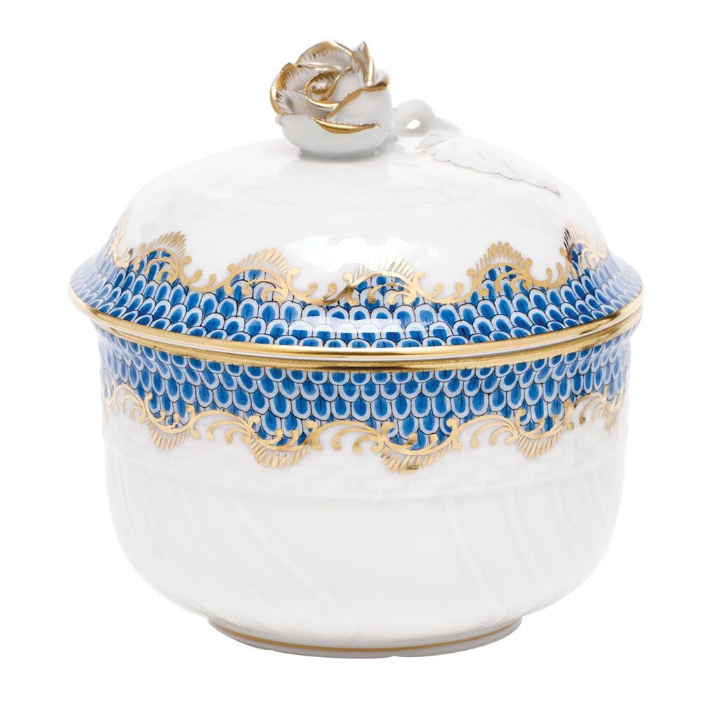 Herend Decorative Fish Scale Pattern Covered Sugar Bowl With Rose Embellishment