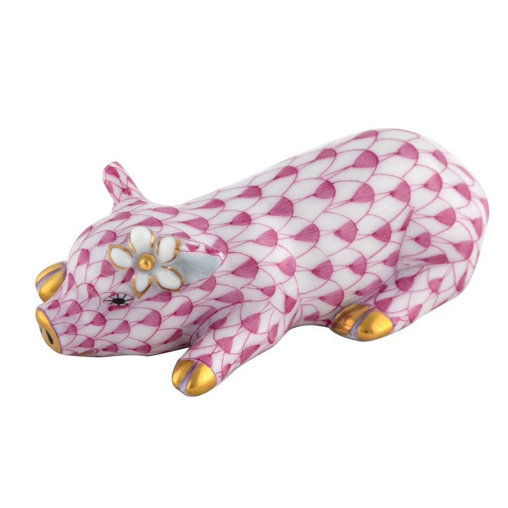 Exquisite Handmade Herend Porcelain Figurine of Daisy the Pig with a Daisy on Her Ear