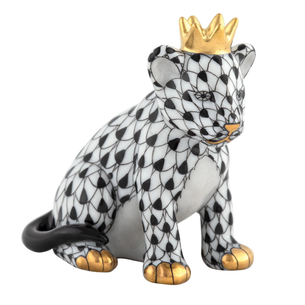 Exquisite Herend Hand - made Porcelain Lion Cub Figurine Wearing a Crown