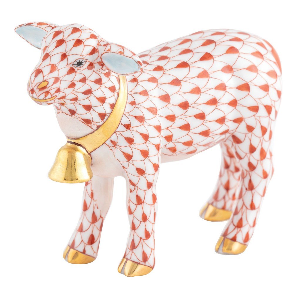 Exquisite Hand - painted Herend Porcelain Lamb Figurine with 24Kt Gold Bell
