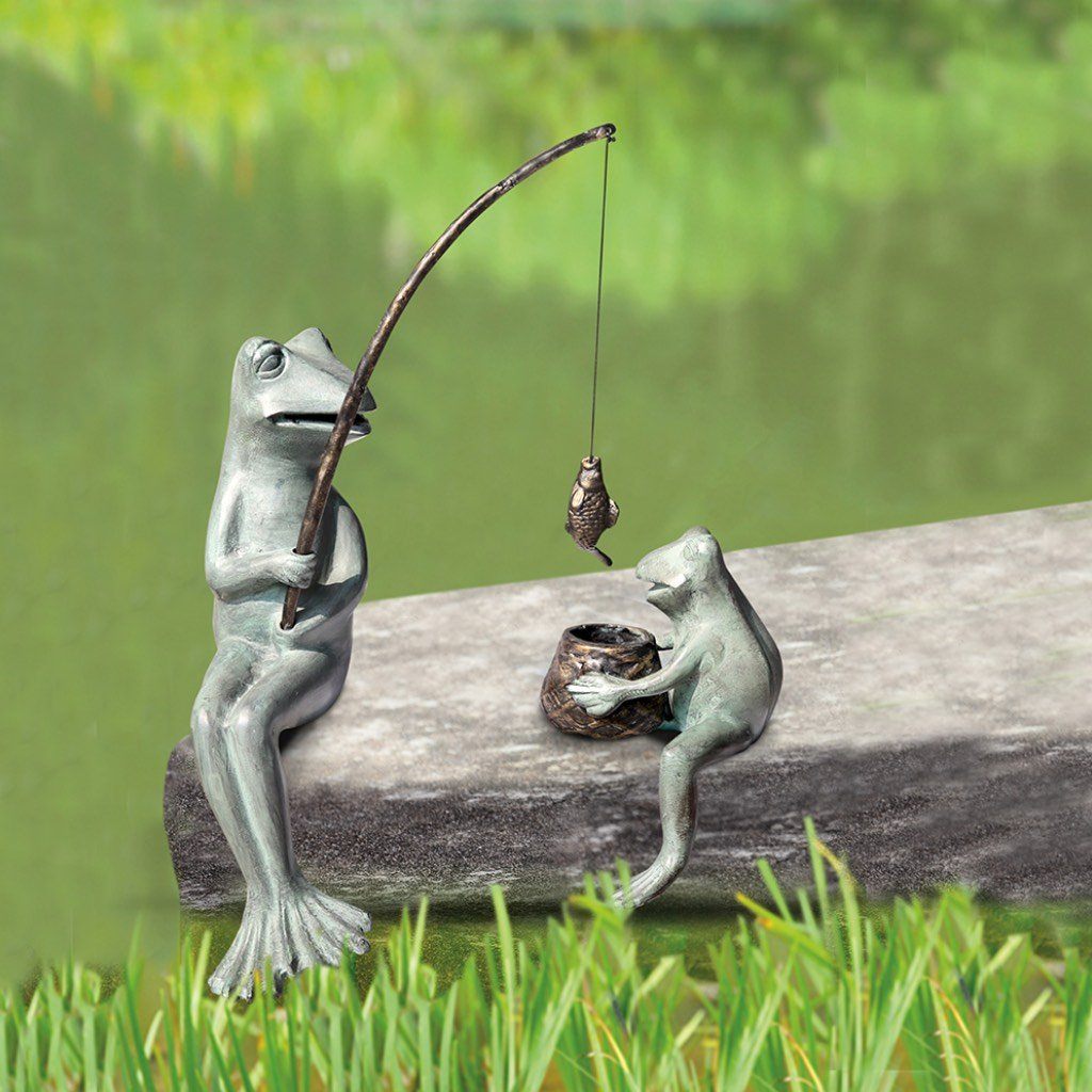 Decorative SPI Garden Art Fishing Frog Mama and Baby Sculpture Set