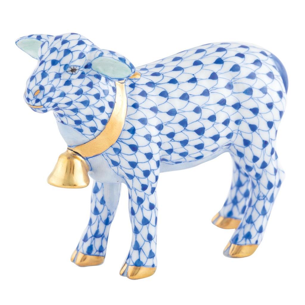 Exquisite Hand - painted Herend Porcelain Lamb Figurine with 24Kt Gold Bell