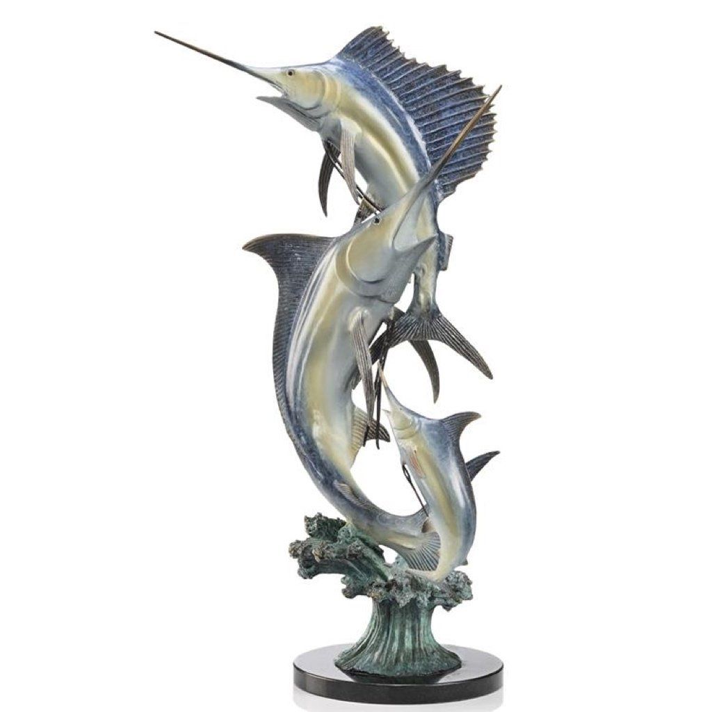 Handmade Hot Patina Finish Brass Trophy Fish Trio Sculpture