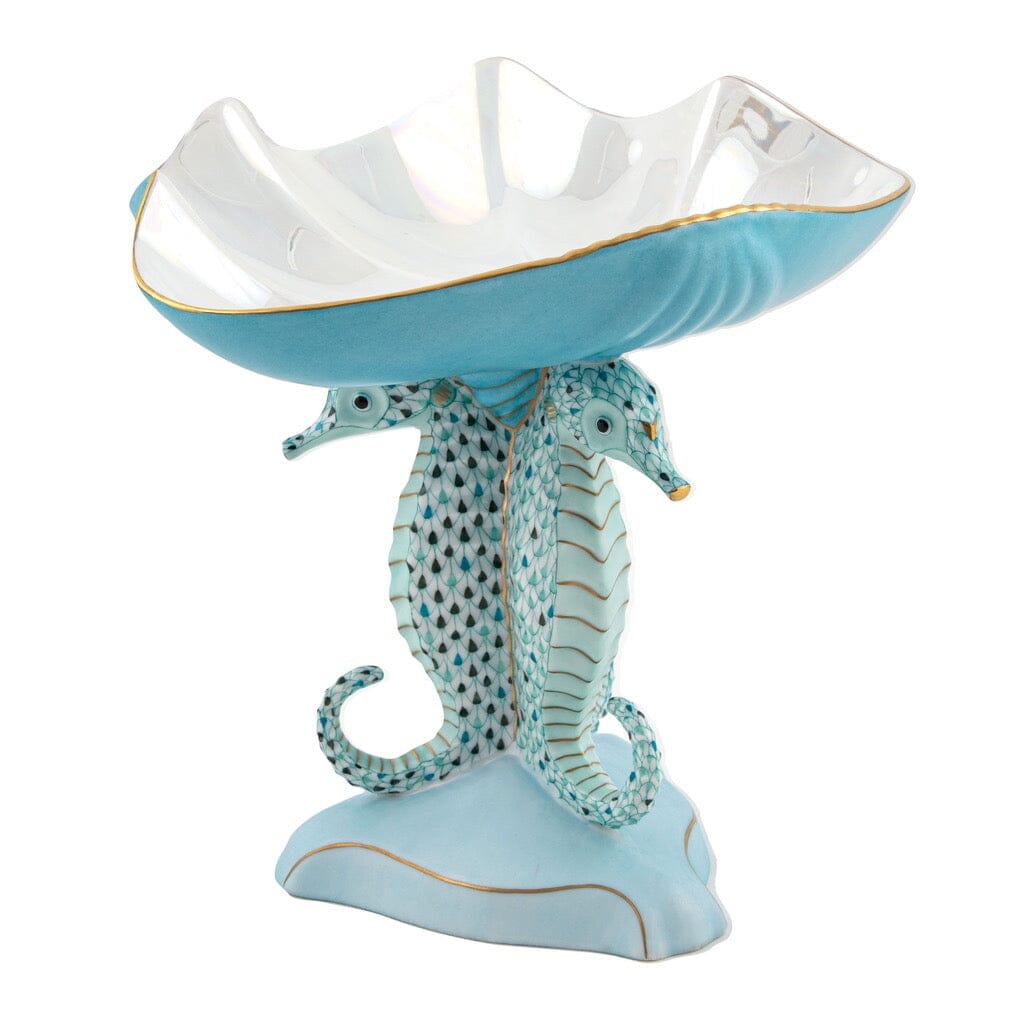 Limited Edition Herend Hand - painted Porcelain Seahorse Shell Compote
