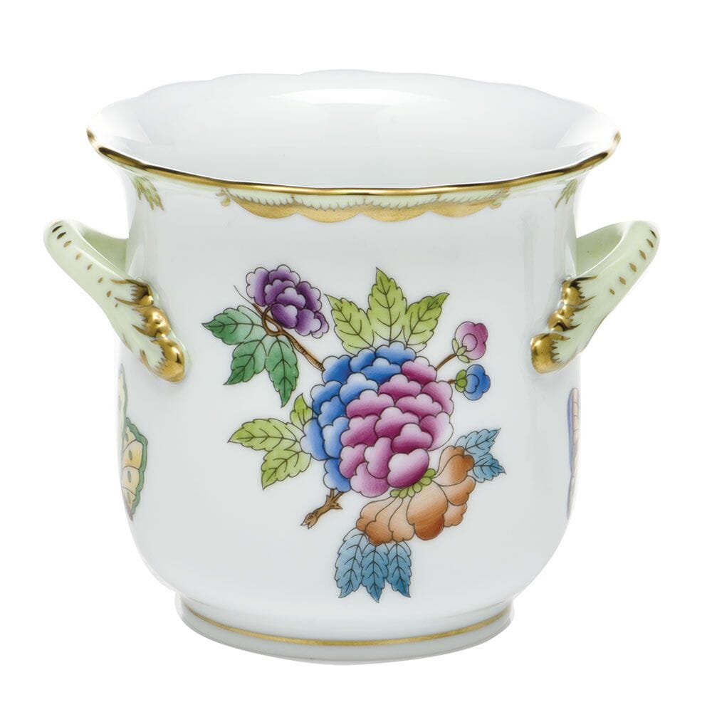Handmade Herend Mini Cachepot with Handles and Queen Victoria Pattern