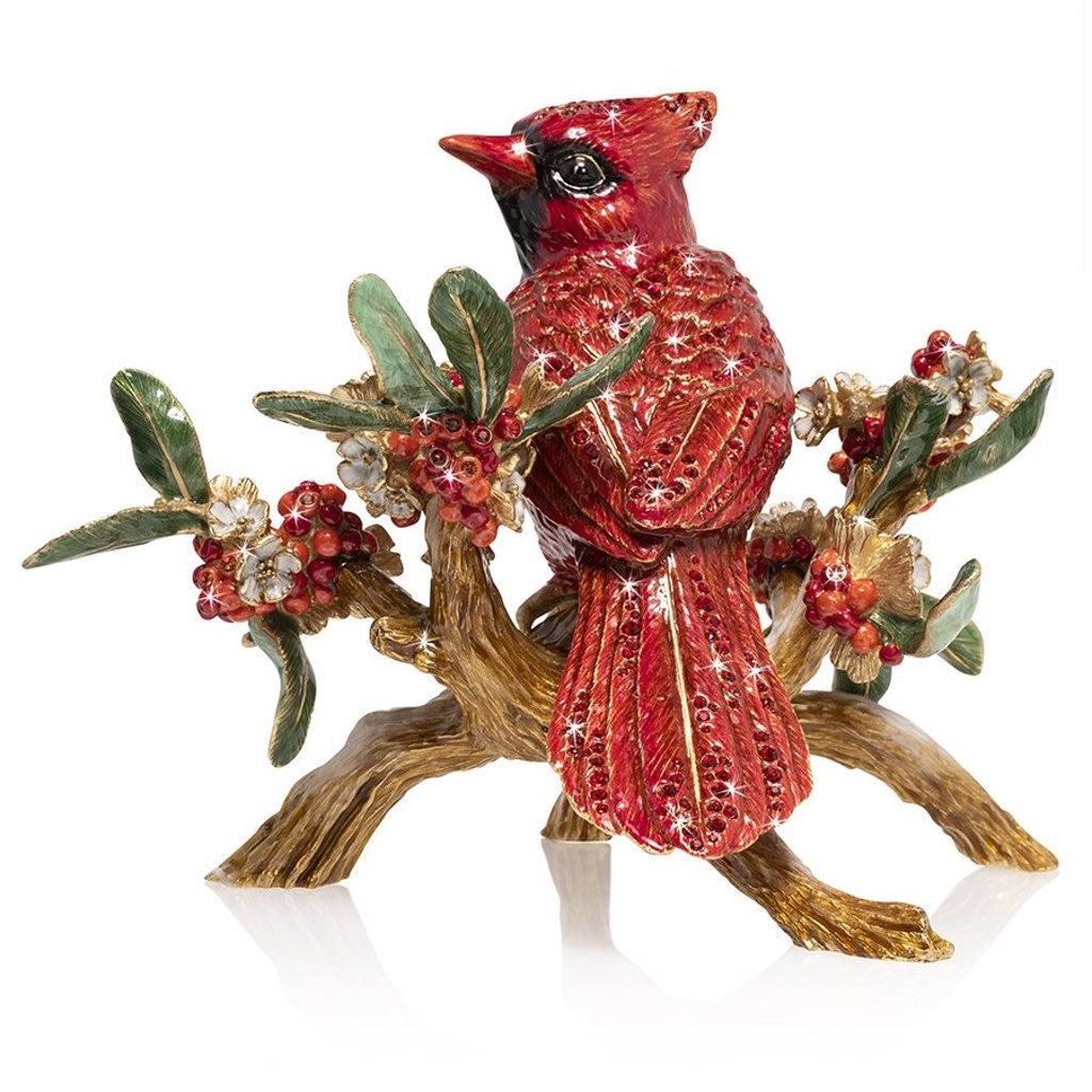 Exquisite Jay Strongwater Hand - Enameled Red Cardinal on Flower Branch Figurine