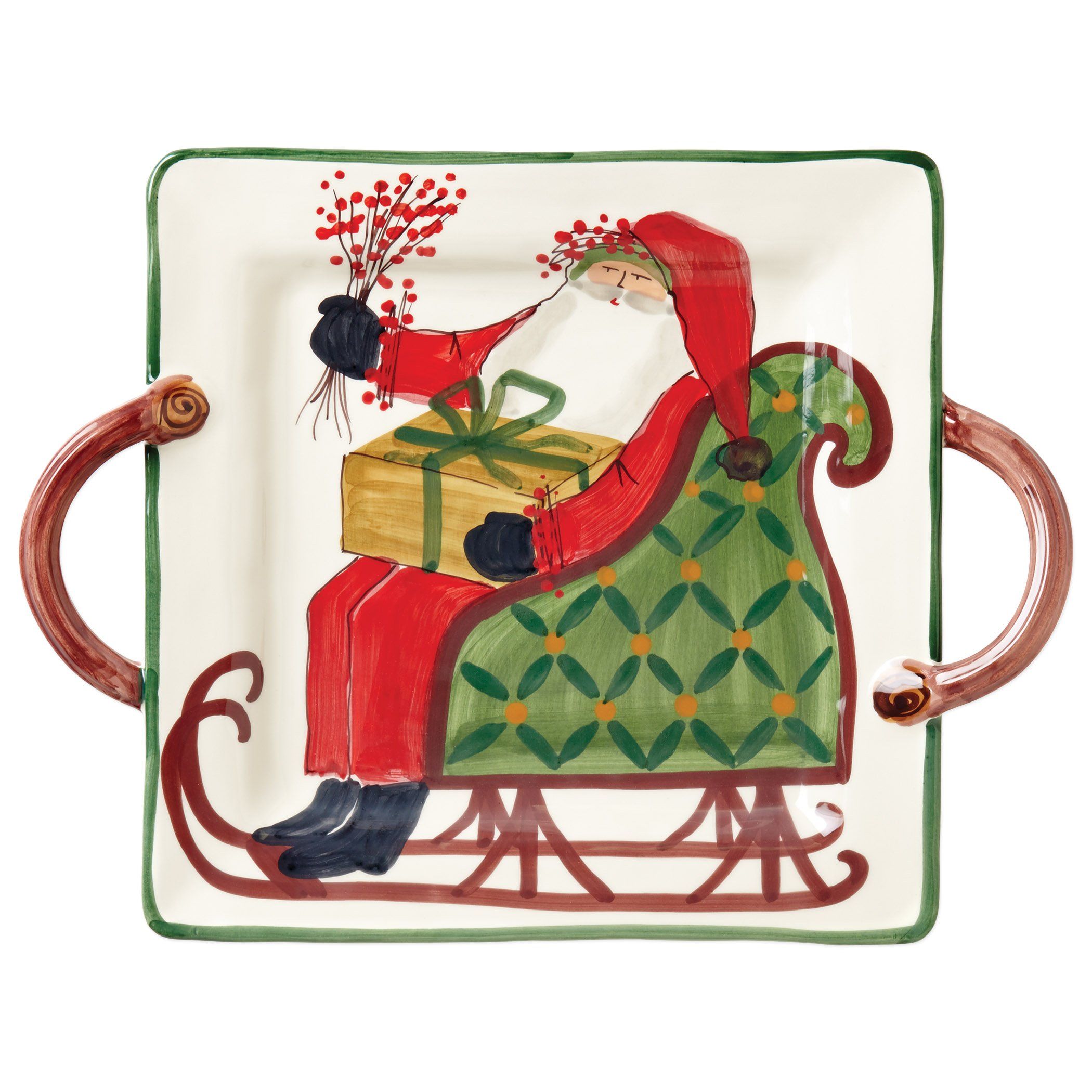 Vietri Handled Square Platter - Old St. Nick Holiday Design