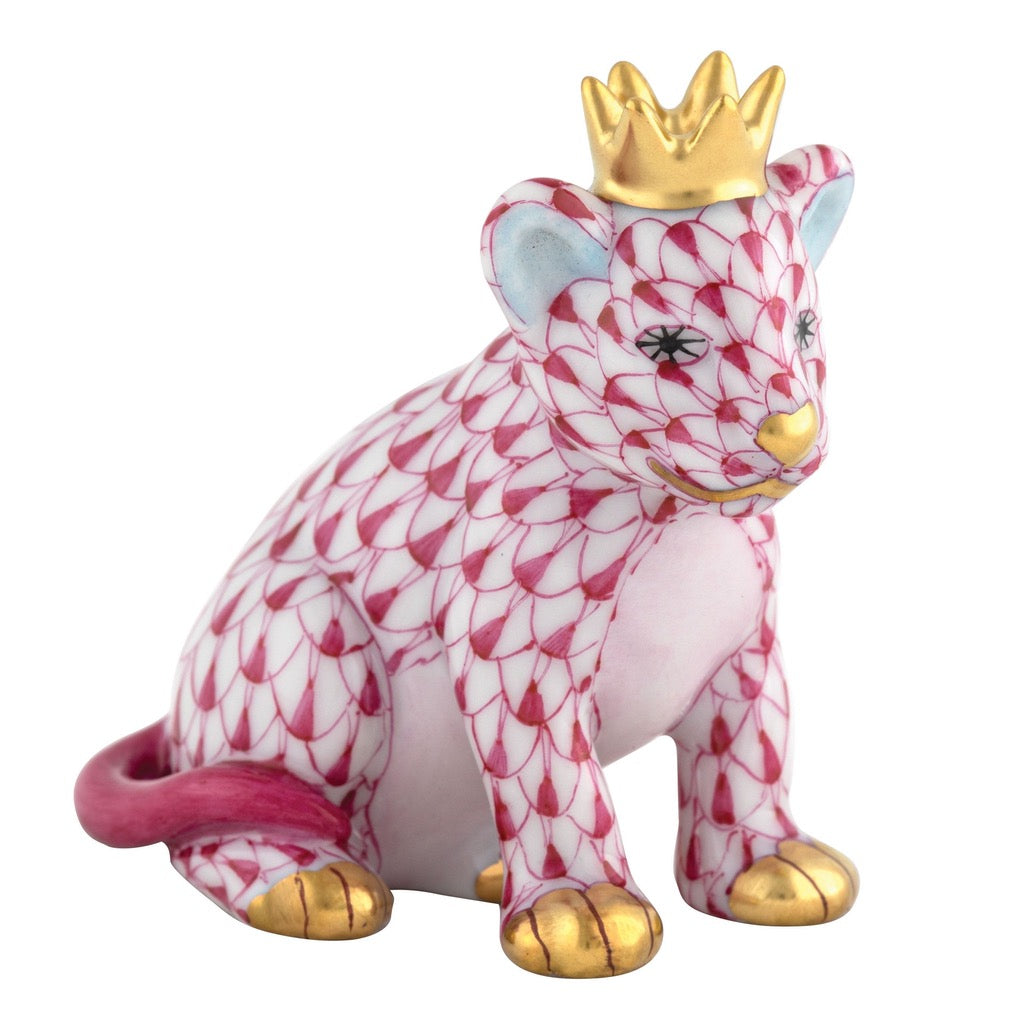 Exquisite Herend Hand - made Porcelain Lion Cub Figurine Wearing a Crown