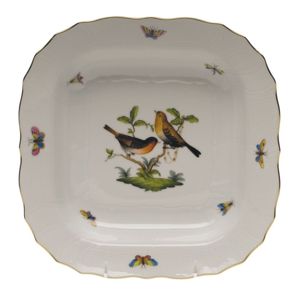 Herend's Handmade 11' Square Fruit Dish with Rothschild Bird Design and 24K Gold