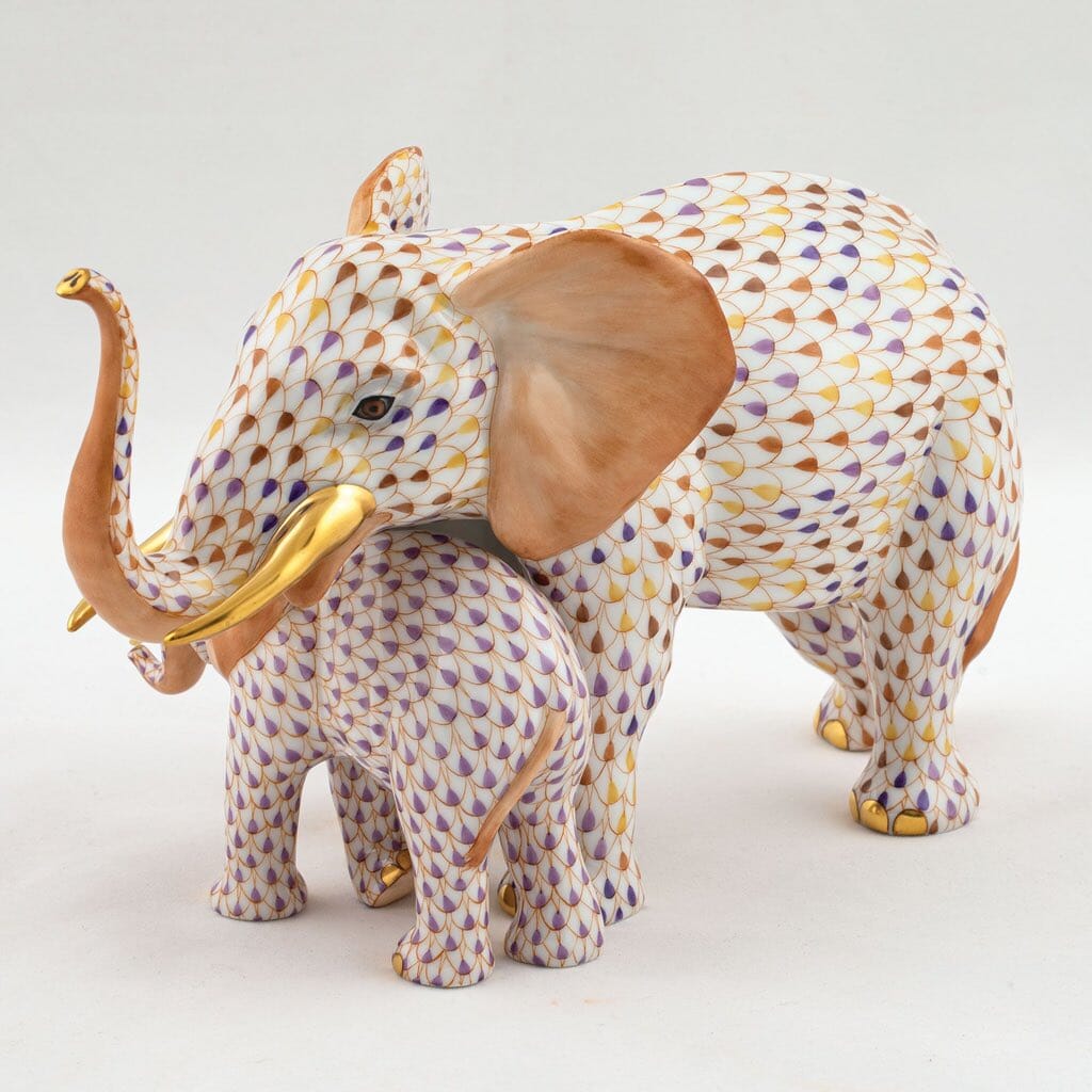 Limited Edition Herend Hand - painted Mother and Baby Elephant Porcelain Figurine
