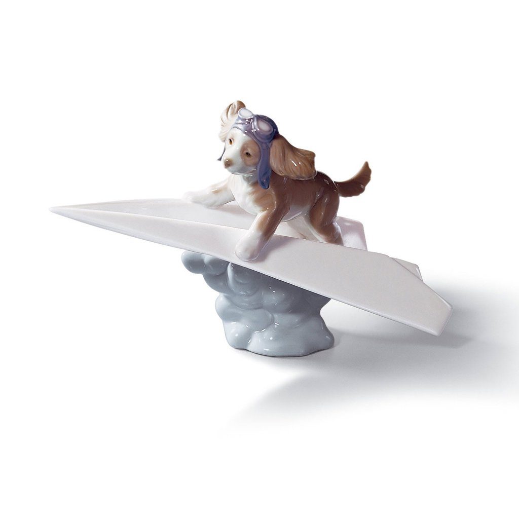Lladro Handmade Porcelain Figurine - Let's Fly Away with a Doggie on a Paper Airplane