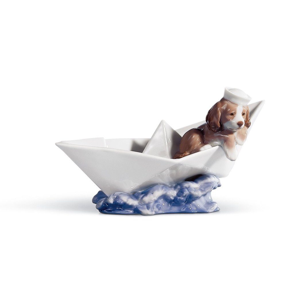 Handmade Spanish Lladro Porcelain Figurine of a Dog in a Paper Boat