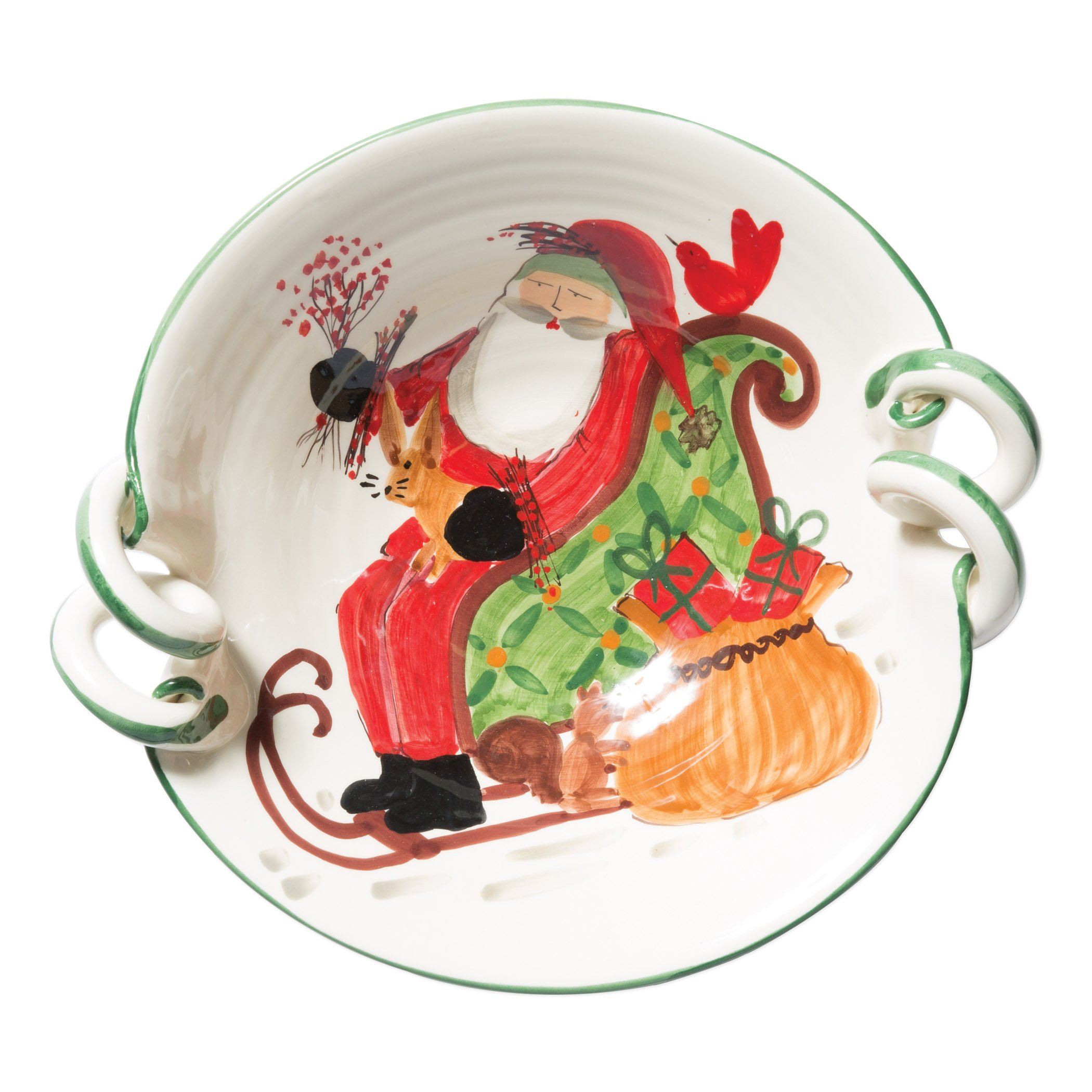 Vietri Handled Scallop Bowl with Sleigh from the Old St. Nick Holiday Collection
