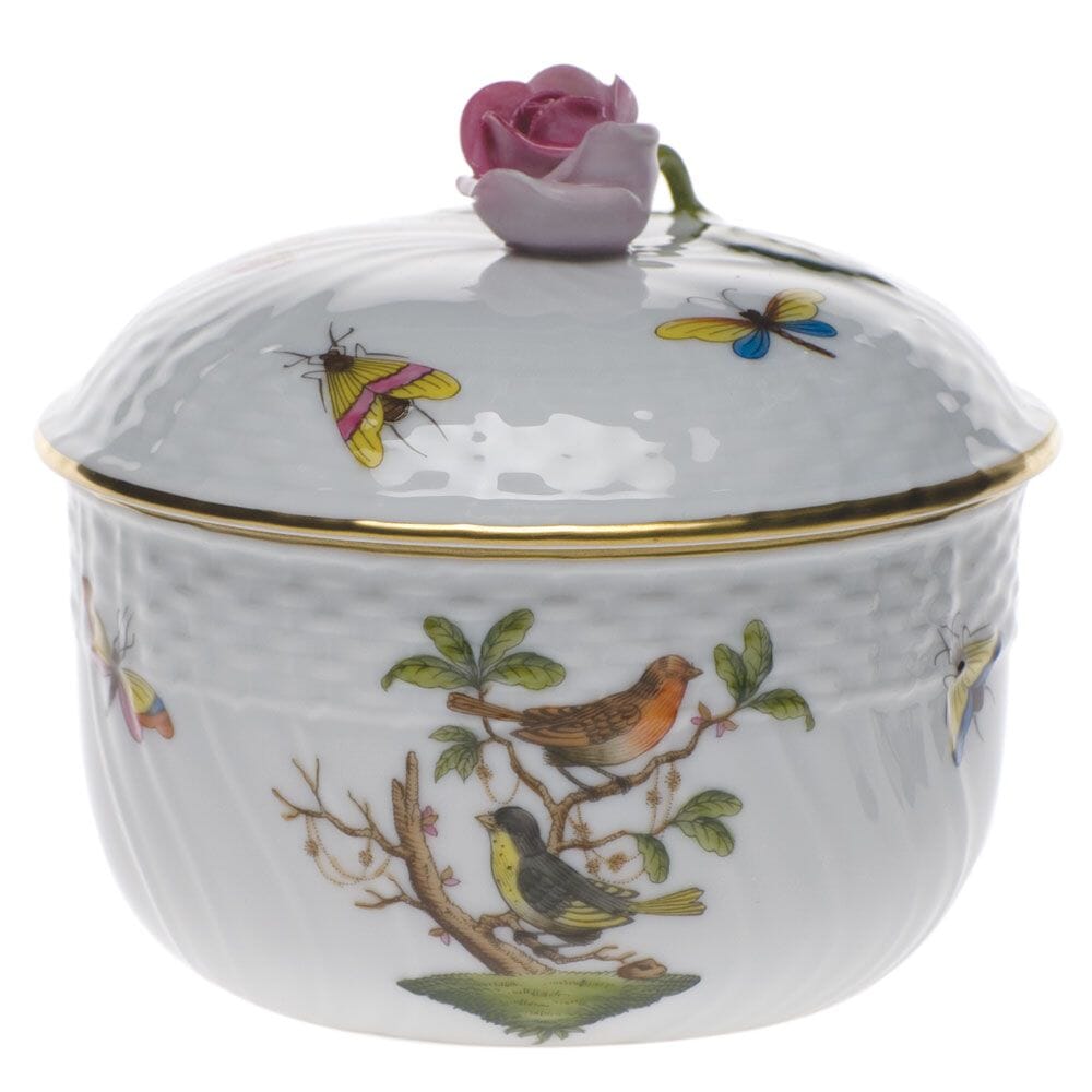 10 oz Herend Rothschild Bird Covered Sugar Jar with Hand - painted Rose