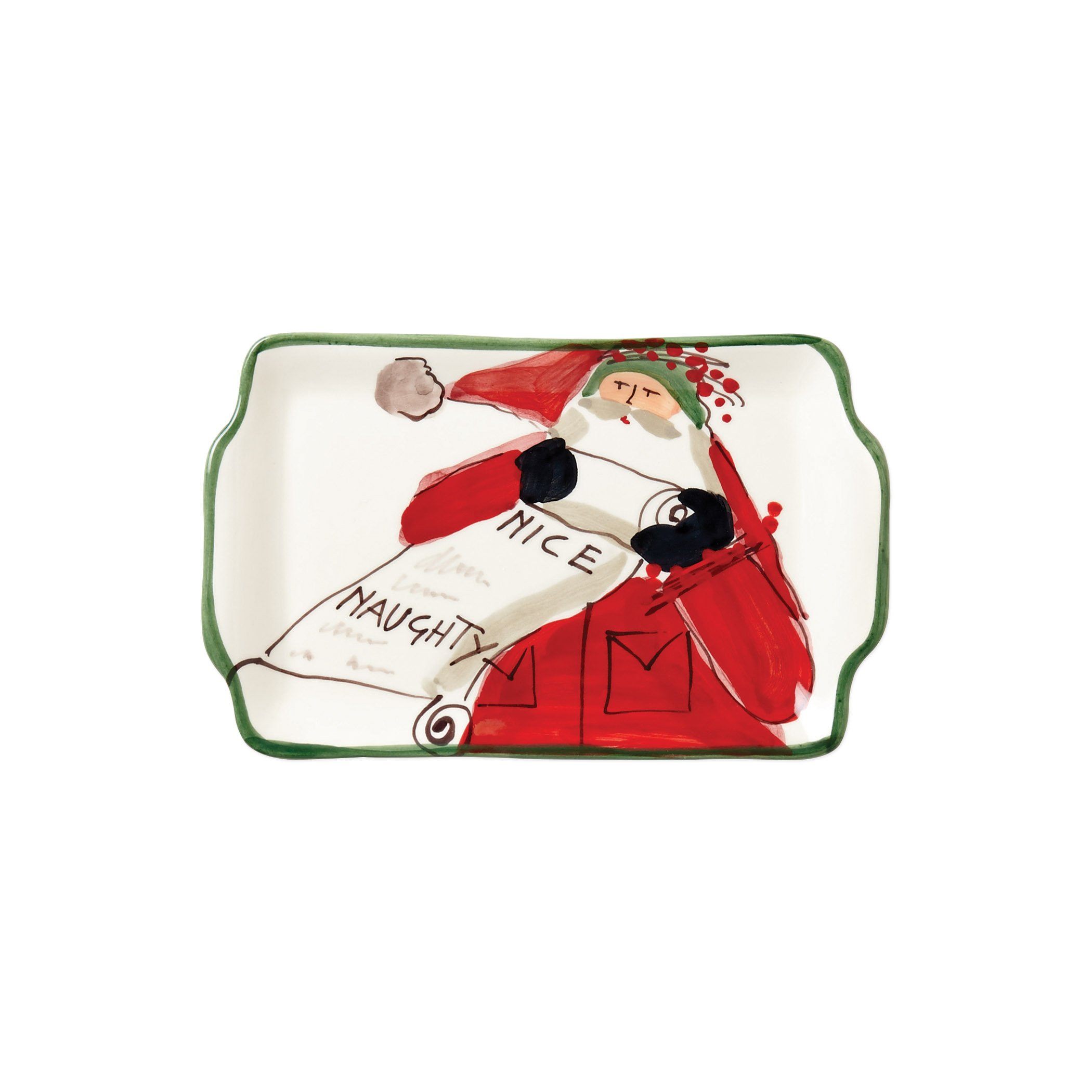 Vietri Rectangular Holiday Plate Featuring Old St. Nick - Naughty or Nice Design