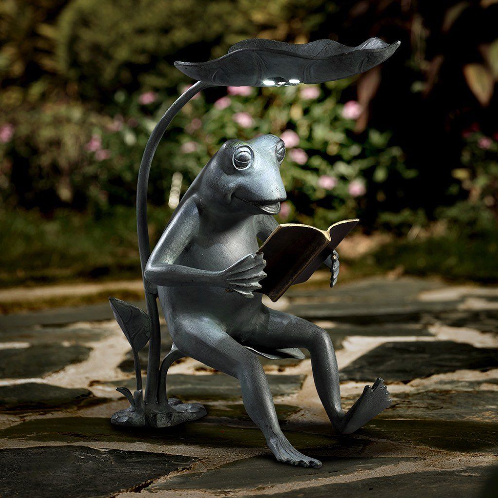 Solar-Powered LED Lighted SPI Garden Decorative Reading Frog-Shaped Birdfeeder