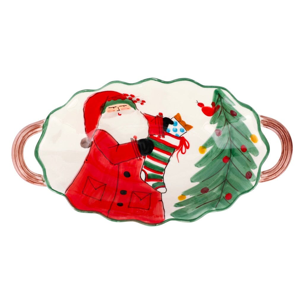 Vietri Handmade Old St. Nick Scalloped Oval Bowl with Cheerful Design
