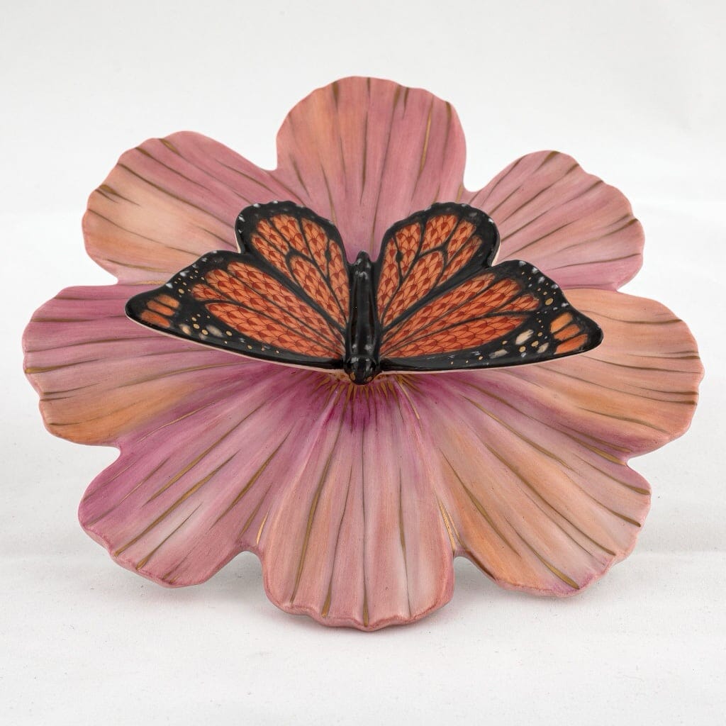 Limited Edition Herend Monarch Butterfly Figurine on Cosmos Flower - Handmade Porcelain Collectible