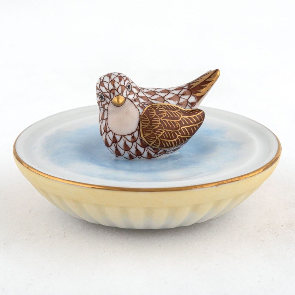 Handmade Herend Porcelain Figurine of a Bird Enjoying a Bath
