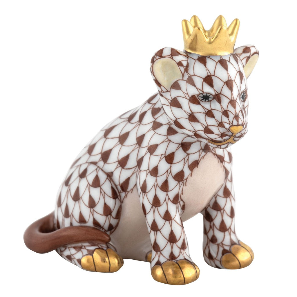 Exquisite Herend Hand - made Porcelain Lion Cub Figurine Wearing a Crown