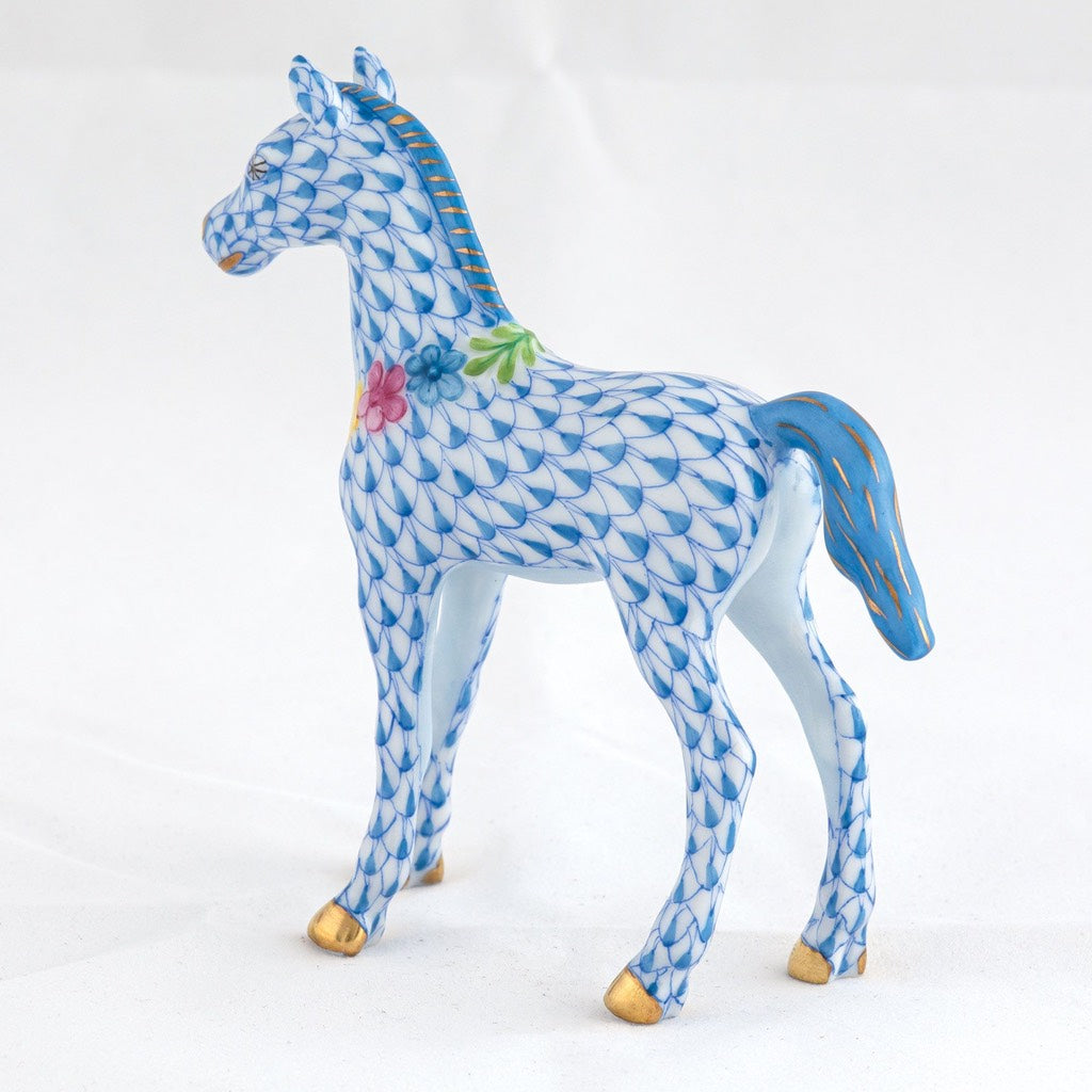 Herend Handmade Porcelain Figurine of a Playful Foal Adorned with Flowers