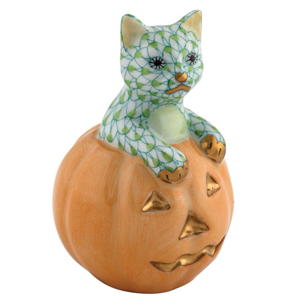 Handmade Herend Jack O Lantern Style Kitty Porcelain Figurine for Decor